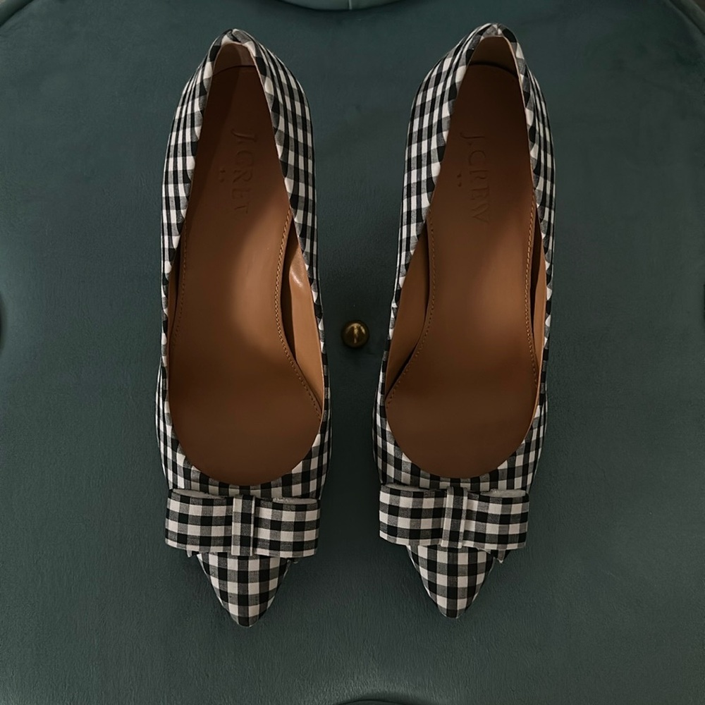 J. Crew Black and White Gingham Pointed-Toe Heels